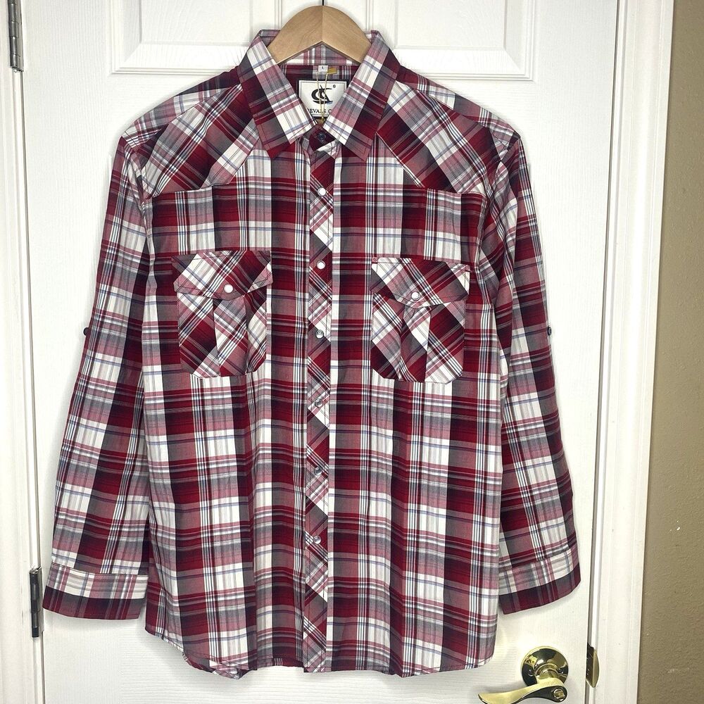 Coevals Club Mens Large Western Shirt Pearl Snap Roll Tab Long Sleeve Plaid Red